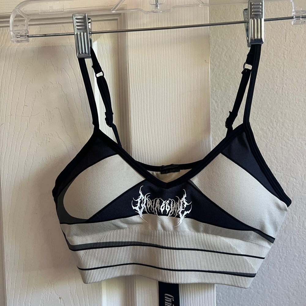 Striped Black & Cream Sports Bra with Adjustable Straps